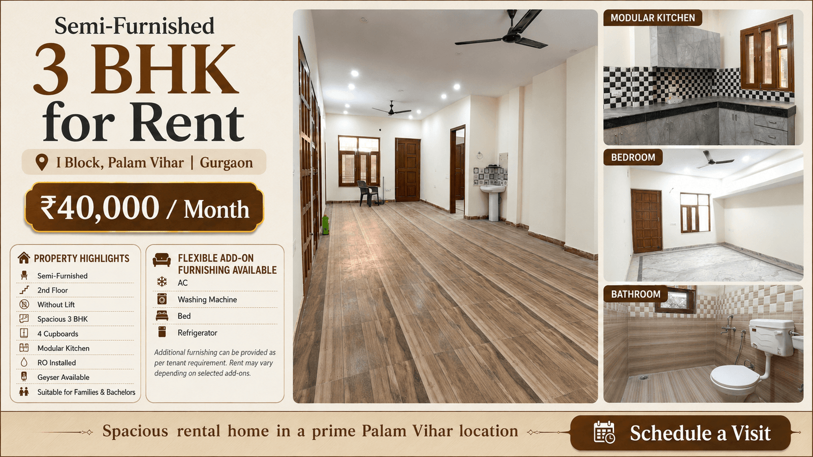 Semi Furnished 3 BHK for Rent in I Block